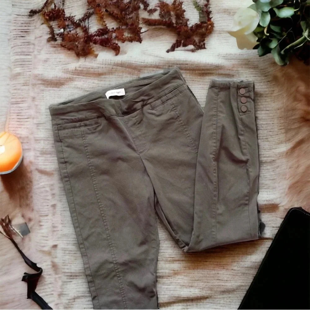 CALVIN KLEIN Ankle Pants Gray Stretch Buttons Business Casual Work Size S